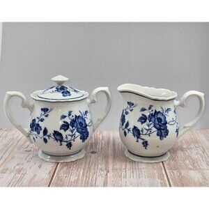 Royal Meissen Blue Floral Sugar Bowl & Creamer Set Fine Porcelain